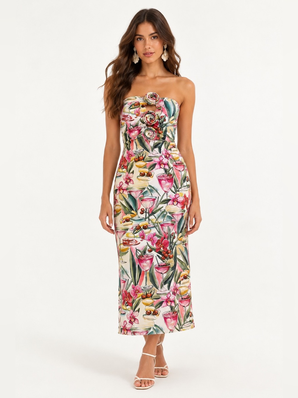 FARM Rio Cocktail Floral Rosette Strapless Midi Dress | Brazil Exclusive | NWT